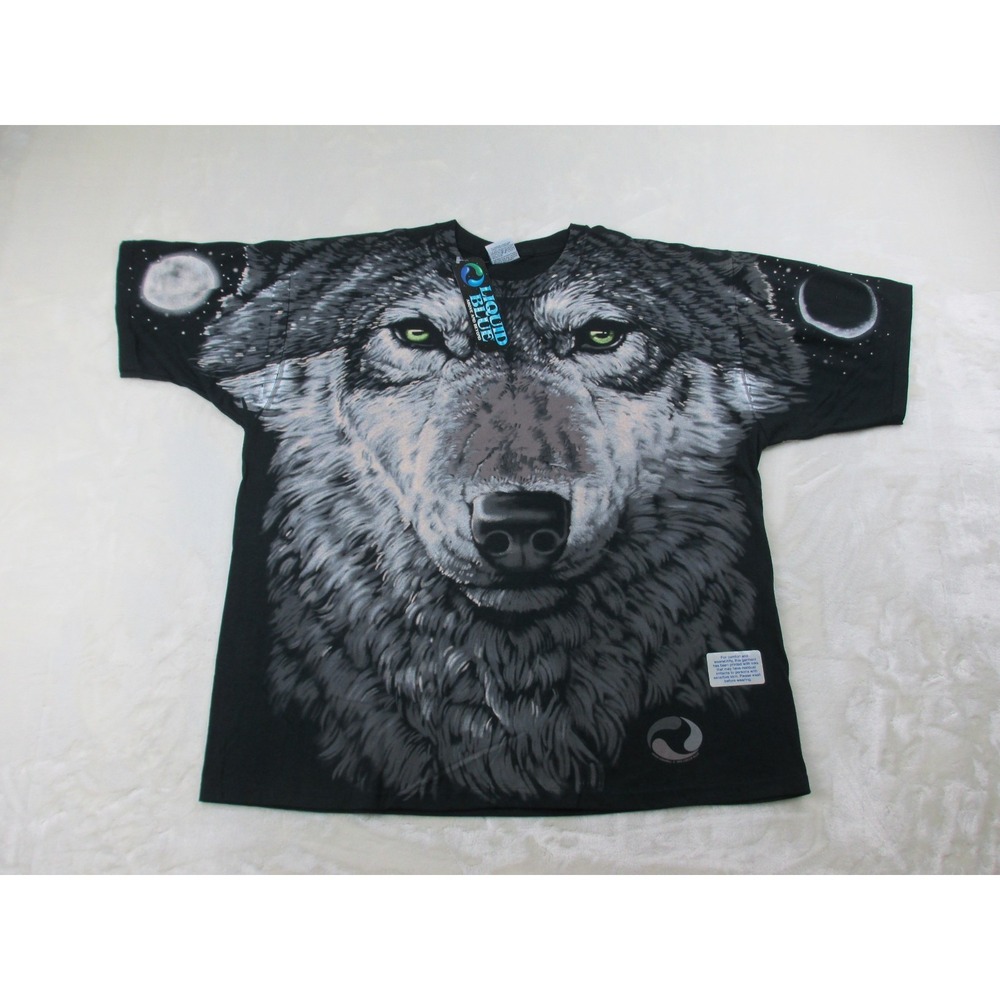 NEW VINTAGE Liquid Blue Shirt Mens Extra Large Black Wolf John Connell AOP 1995*